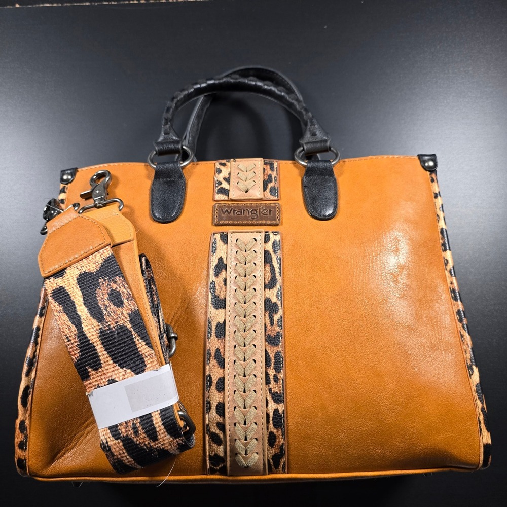 Wrangler Satchel Bag Women Medium Tan Leopard Print Western Crossbody Boho Tote